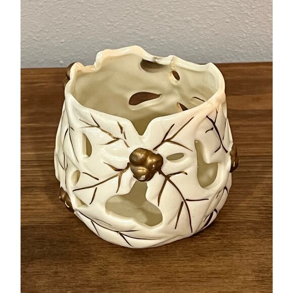 Set of 3 Ceramic Leaf Tealight Candle Holders Cream Gold Cutout Autumn Decor - Picture 2 of 7